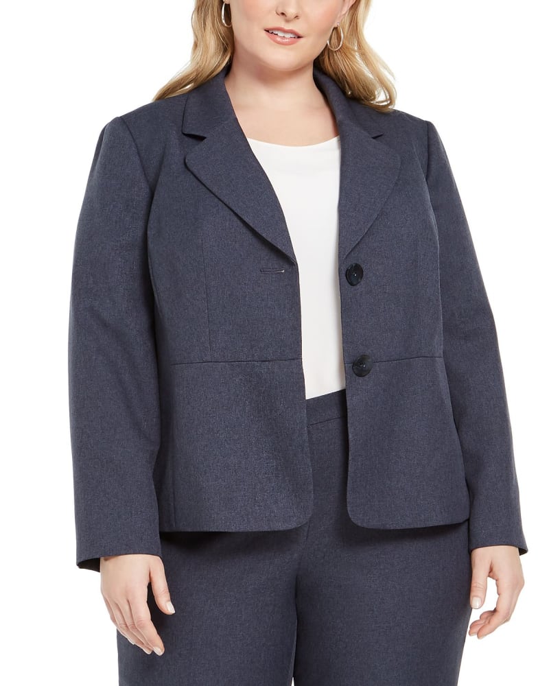 Front of a model wearing a size 20W Le Suit Women's Two Button Pantsuit Blue 20W in Blue by Le Suit. | dia_product_style_image_id:306690
